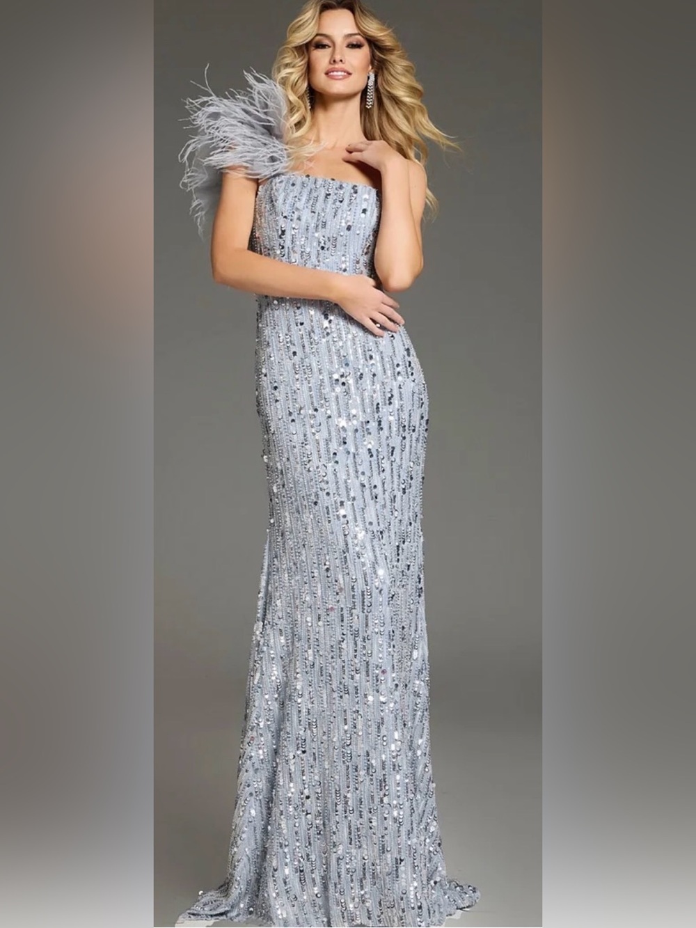 One-Shoulder Sequined Gown with Feather Trim 42426